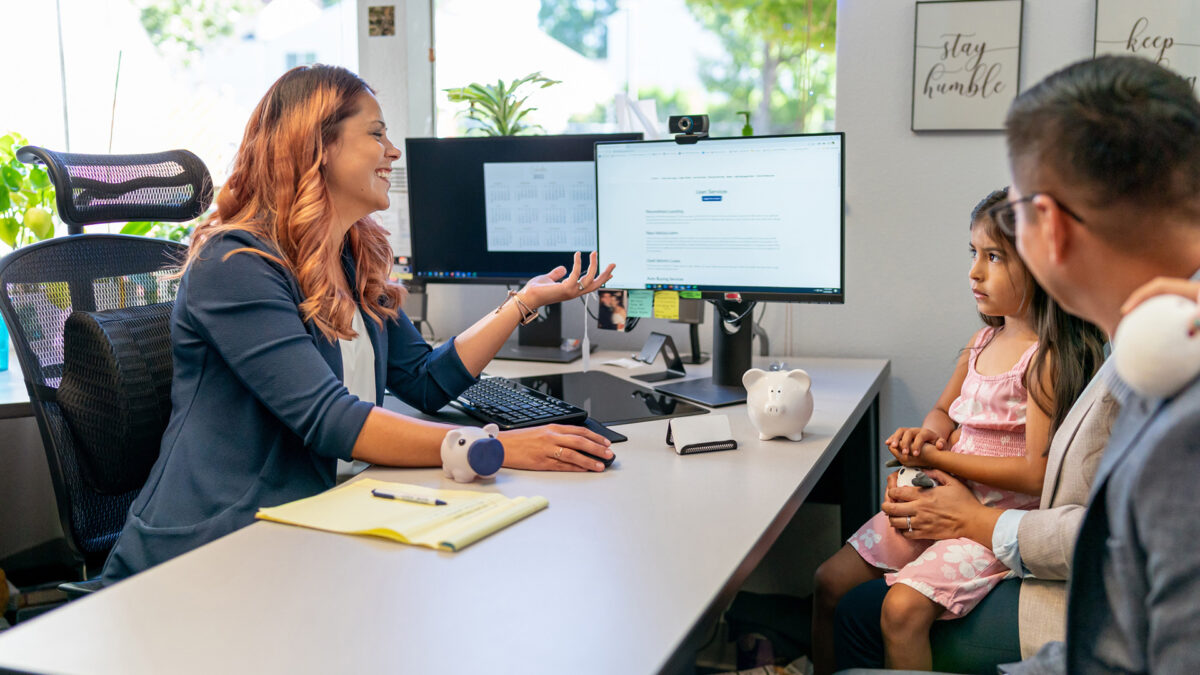 family with child at bank