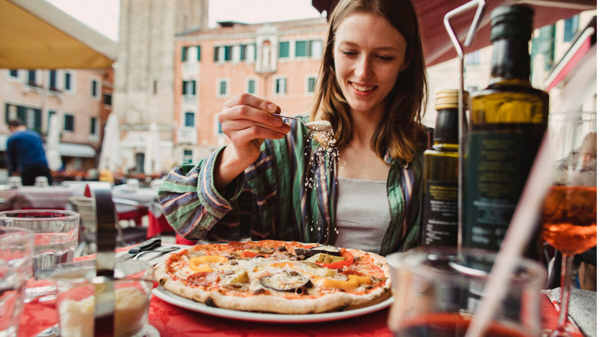 woman dining in Europe